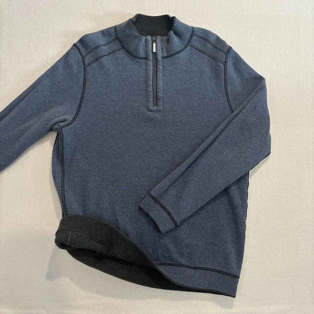 Tommy Bahama LARGE Reversible Blue & Gray Quarter Zip Long Sleeve Men's EUC Soft